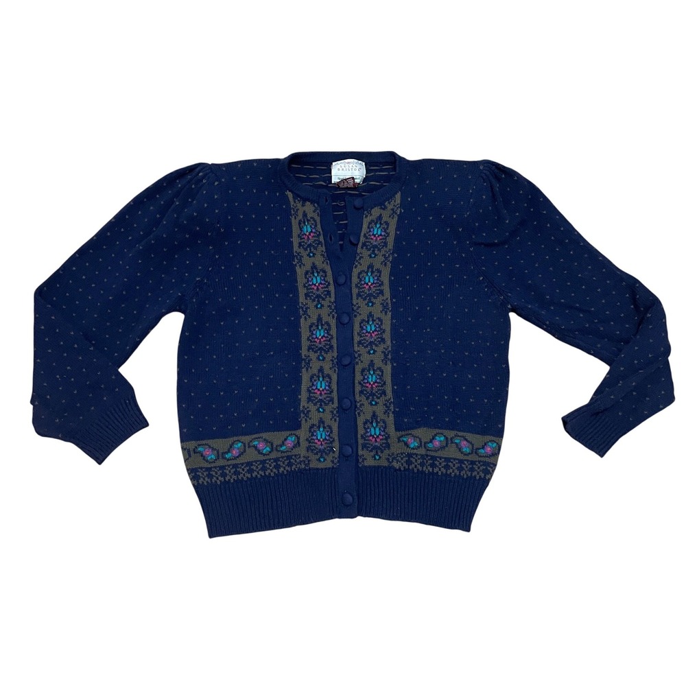 VTG Susan Bristol Women S Cottage Gma Navy Blue Hand Embroidered Floral Cardigan